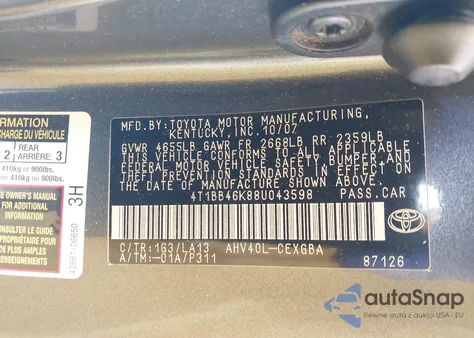 2008 Toyota Camry Hybrid z USA, uszkodzony, nr VIN 4T1BB46K88U043598
